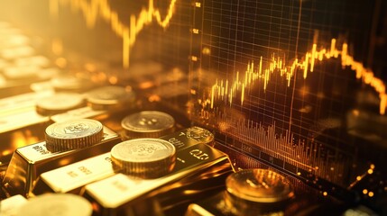 Poster - A striking image of a rising gold graph superimposed over a backdrop of gold bars and coins, symbolizing wealth and investment opportunities in precious metals.