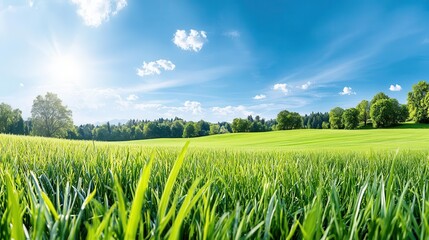 Crystal clear blue sky over a lush green field, ideal for eco-friendly and nature-themed advertisements.