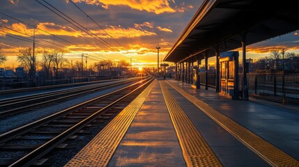 Poster - A panoramic view of an empty train platform at sunset, with golden light reflecting on the rails, symbolizing the peaceful end of a day journey.