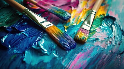 Poster - A vibrant palette displays bright paint colors while paintbrushes rest on an abstract canvas filled with lively brushstrokes. Generative AI