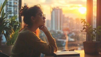 Fototapete - A person sitting at a desk, gazing out of a window with a thoughtful expression, a notebook and pen in front of them, capturing the quiet moment of deep thinking and reflection.