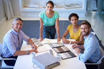 Poster - Business, people and smile in boardroom on portrait on meeting for strategy and planning on project. Above, employees and happy with coworking at office as accountants with teamwork and collaboration