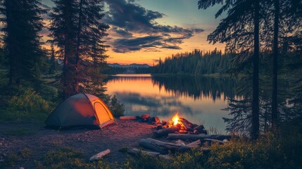 A picturesque campsite nestled among tall pine trees, featuring a colorful tent, a campfire surrounded by logs, and a serene lake reflecting the evening sky.