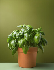 A pot of basil on an olive green background