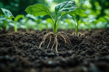 Canvas Print - Close-up of young green plant sprouts with visible roots growing in dark fertile soil.