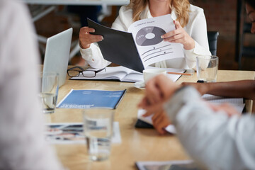 Aufkleber - Meeting, documents and hands of business people in discussion for planning, teamwork and project ideas. Corporate, collaboration and workers with paperwork, report and graph for financial review