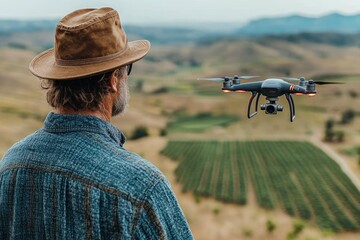 Wall Mural - A man wearing a hat watches a drone fly over a vineyard.