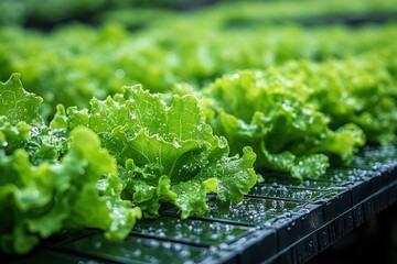 Sticker - Close-up of fresh green lettuce leaves with water droplets, growing in a hydroponic system.