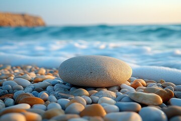 Wall Mural - A smooth, light-colored pebble rests on a beach of colorful pebbles with a blurred background of a blue ocean and white waves.