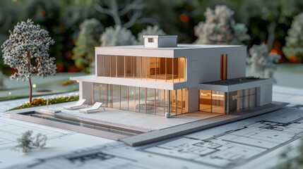 Poster - A model of a large white house with a pool and a patio