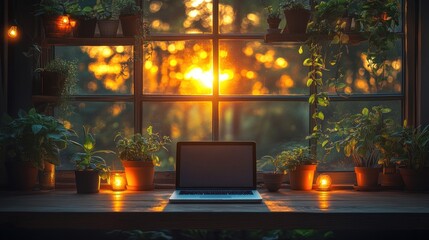 Poster - A laptop sits on a windowsill with potted plants and candles in front of a sunset.