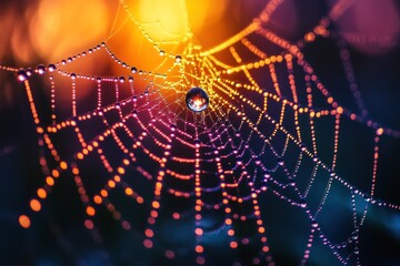 Sticker - A spider web with water droplets on it, illuminated by colorful bokeh.