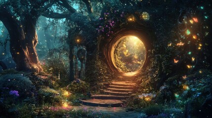 Wall Mural - Enchanted Forest Entrance with Glowing Butterflies and Stone Steps