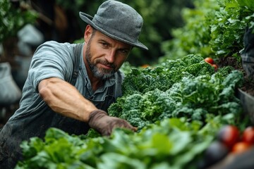 Wall Mural - A farmer in a hat and gloves is picking fresh organic vegetables from his garden.