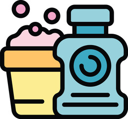 Poster - laundry detergent bottle and basin filled with soapy water creating foam bubbles for clothes washing