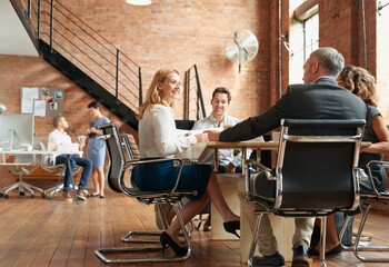 Aufkleber - Business people, meeting and agency discussion of office staff of public relations talk with collaboration. Professional, management and company growth with teamwork, startup and planning for project