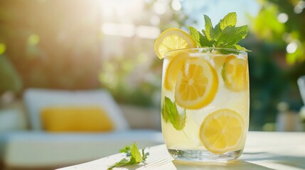 Poster - A refreshing glass of lemonade garnished with lemon slices and mint leaves, placed on a sunlit patio table, capturing the essence of summer and relaxation.