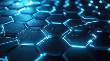 Poster - Abstract hexagonal grid with glowing blue and white nodes, forming a futuristic, high-tech background for modern design.