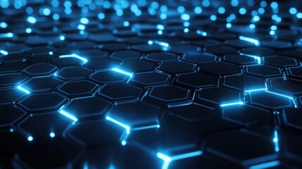 Poster - Abstract hexagonal grid with glowing blue and white nodes, forming a futuristic, high-tech background for modern design.