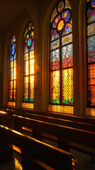 Poster - Sunset at Synagogue During Yom Kippur with Stained Glass Light