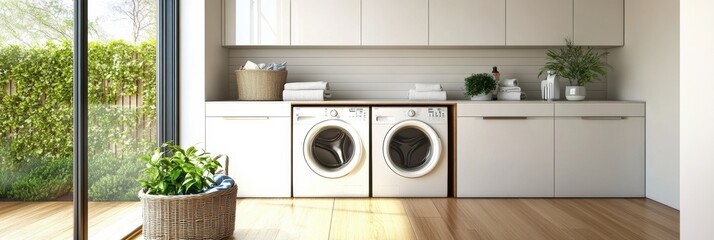 Sticker - This modern laundry room is designed with built-in washer and dryer units, sleek white cabinetry, and a basket of laundry nearby. Generative AI