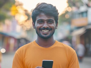 Sticker - Casually Smiling Young Man, Orange Shirt, Cell Phone