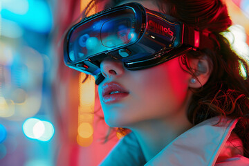 Poster - Fashion model person wearing futuristic shiny glamorous VR goggles watching cyberpunk video, Generative AI