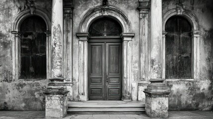 Sticker - An Old Building with a Doorway and Two Windows