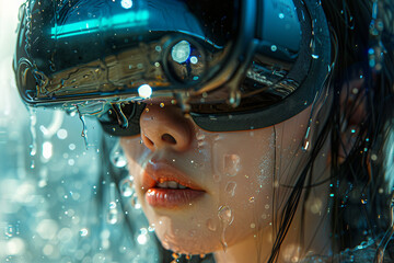 Poster - Fashion model person wearing futuristic shiny glamorous VR goggles watching cyberpunk video, Generative AI