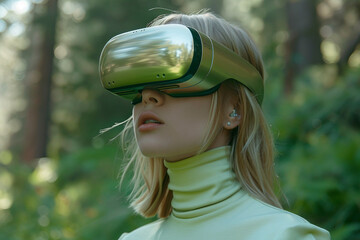 Poster - Fashion model person wearing futuristic shiny glamorous VR goggles watching cyberpunk video, Generative AI