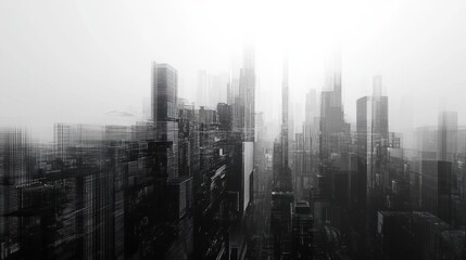 Poster - Abstract pixelated cityscape with high-rise buildings in grayscale, capturing the essence of a futuristic urban environment.
