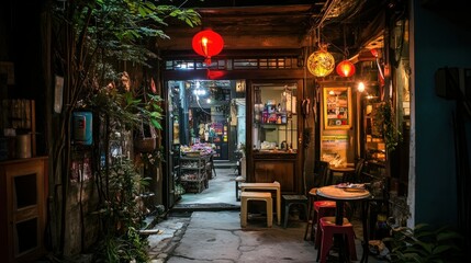 Canvas Print - A Narrow Alleyway With Lanterns, Stools, and a Shop Display in a Southeast Asian City