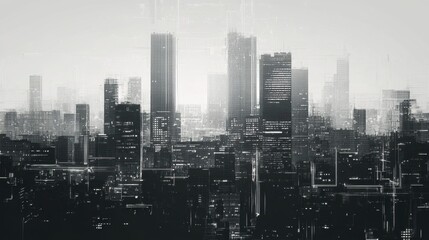 Wall Mural - Abstract pixelated cityscape with high-rise buildings in grayscale, capturing the essence of a futuristic urban environment.