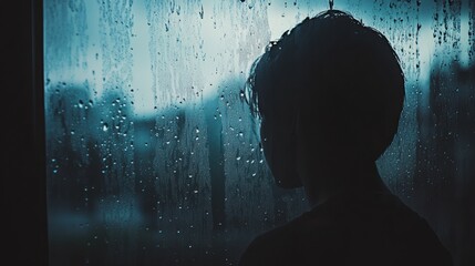 Aufkleber - A lone person stands by a window, lost in thought as raindrops trickle down the glass, creating a somber yet beautiful atmosphere. Generative AI