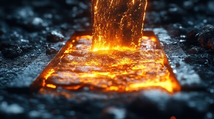 Molten lava flows into a crack in the earth, creating a glowing orange pool.