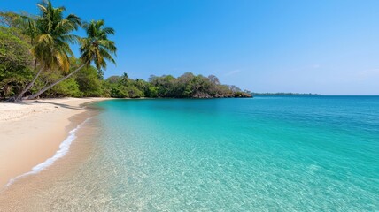 Picture of a beach with clear, clean sea and coconut trees