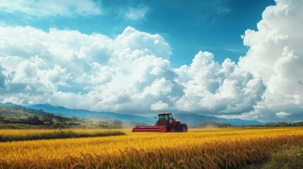 Poster - A rice harvester operating under cloudy skies, with the bright colors of the machine standing out against the muted tones of the landscape, capturing the rugged beauty of the harvest season.