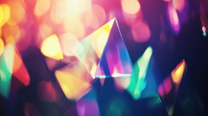 Poster - Prism light reflections on a dark backdrop featuring blurred geometric shapes soft gradients and an ethereal visual overlay with glowing colorful lights and bokeh lens flare effects
