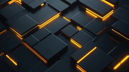 Poster - Minimalistic dynamic texture featuring abstract dark geometric shapes with gold highlights and illuminated neon accents Graphic resource for background use