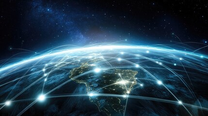 Poster - Interconnected lines encircling the Earth showcasing a futuristic technology theme with circles and lines representing concepts like the internet social media travel and logistics