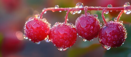 Canvas Print - Close-up of dew-covered red berries on a branch.