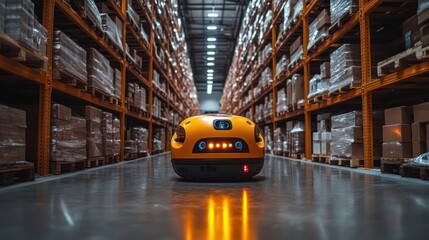 Canvas Print - A yellow autonomous robot navigating a long aisle in a warehouse, surrounded by high shelves stacked with boxes.