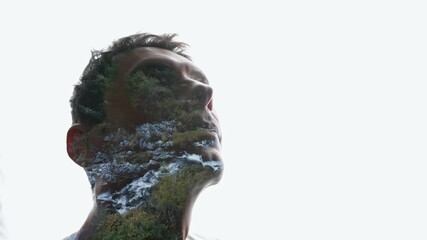 Wall Mural - Isolated combination of the silhouette of a man face and a landscape with mountains. Concept of the connection between man and nature