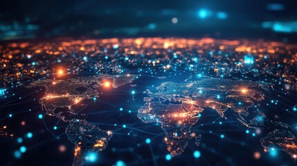Poster - City lights beneath a glowing world map network, symbolizing the global electronics and IT market.