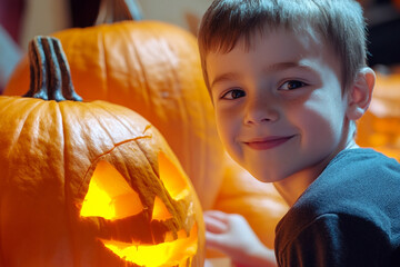 Happy excited family carving Helloween pumpkins making creepy face holiday preparation, Generative AI