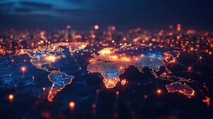 Poster - City lights beneath a glowing world map network, symbolizing the global electronics and IT market.