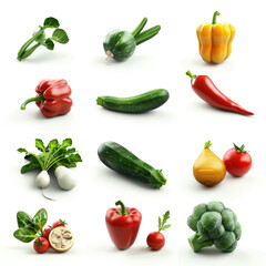 Wall Mural - Fresh Organic Vegetables and Fruits Assortment on White Background