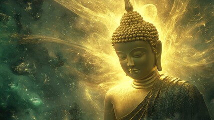 Wall Mural - Beautiful golden Buddha image illuminated by swirling light green rays, standing in a stunning fluffy background of serene divine light