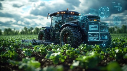 A modern, black tractor with futuristic technology interface, driving through a field of green crops.