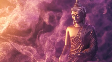 Beautiful golden Lord Buddha standing amidst swirling fluffy purple rays, creating a serene and radiant background with divine light and energy